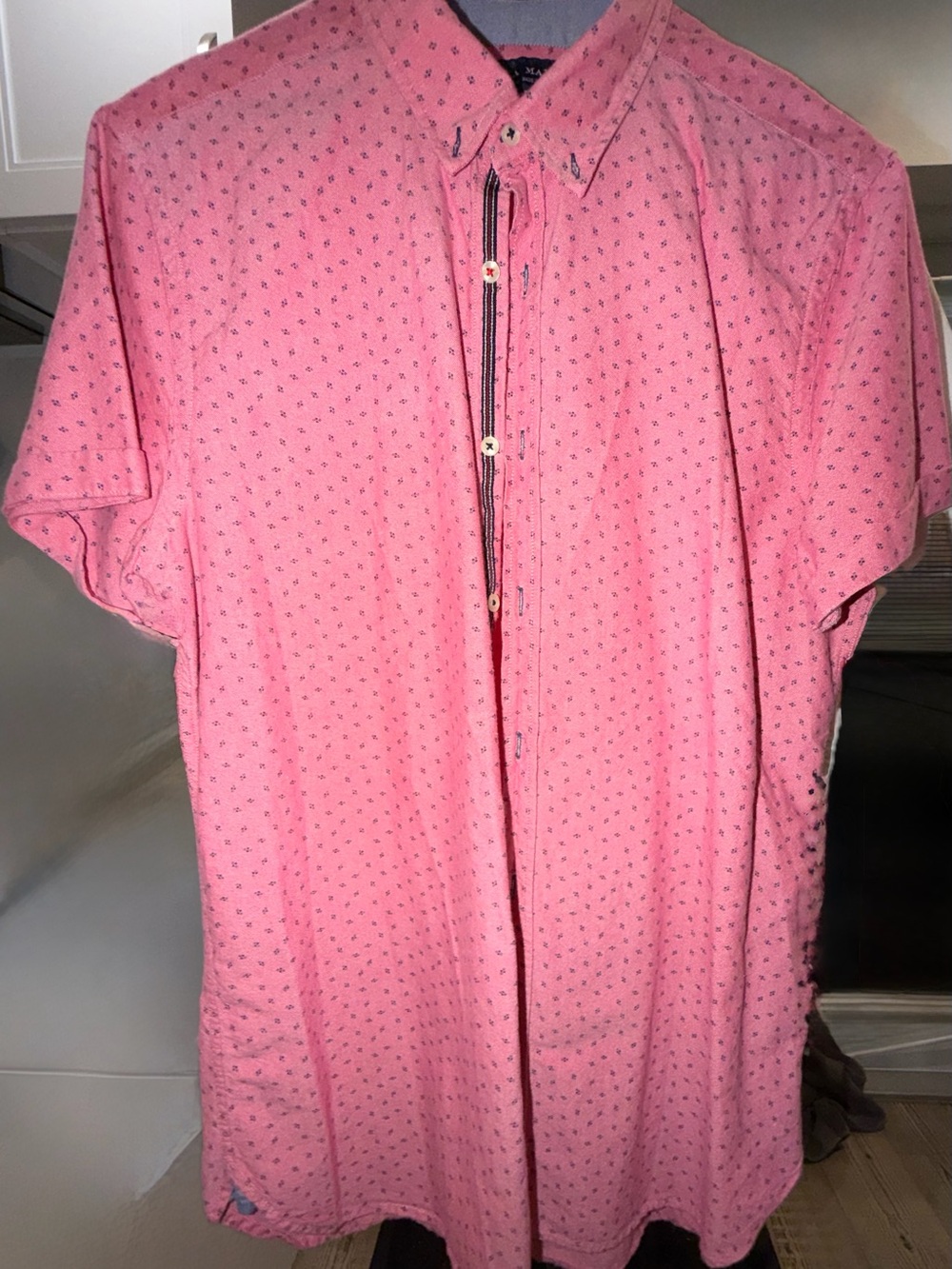 Zara Slim Fit Pink Short Sleeve Shirt with Navy Microprint